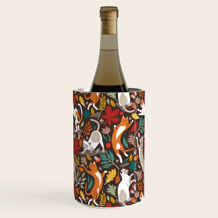 Autumn joy // brown oak background cats dancing with many leaves in fall colors Wine Chiller Gallery Image 1