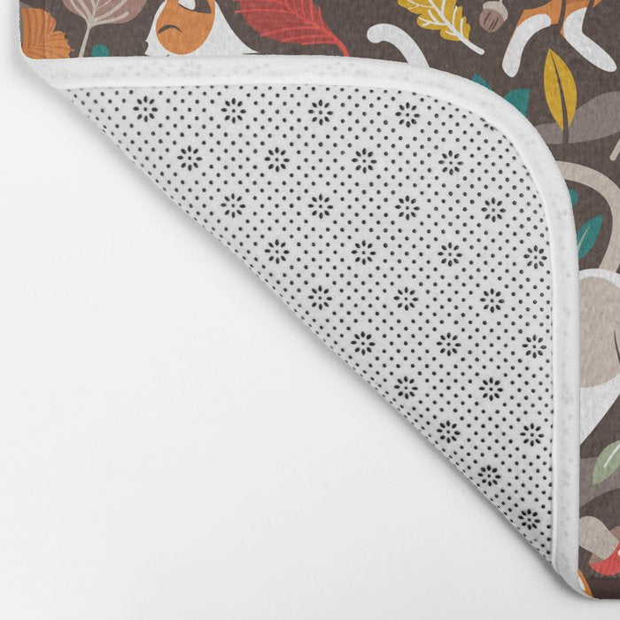 Autumn joy // brown oak background cats dancing with many leaves in fall colors Bath Mat Gallery Image 2