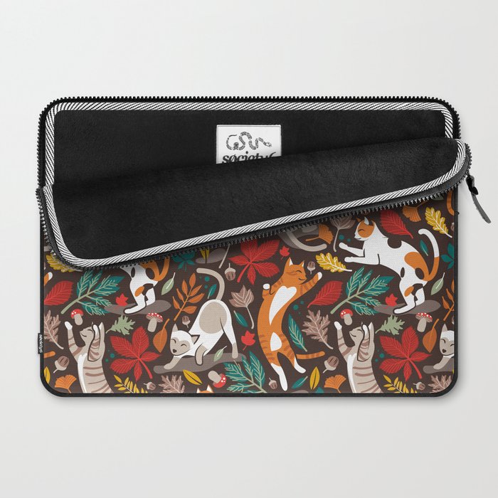 Autumn joy // brown oak background cats dancing with many leaves in fall colors Laptop Sleeve Gallery Image 2