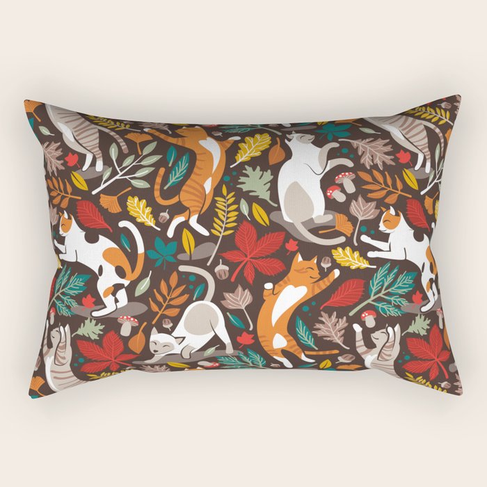 Autumn joy // brown oak background cats dancing with many leaves in fall colors Rectangular Pillow Gallery Image 1