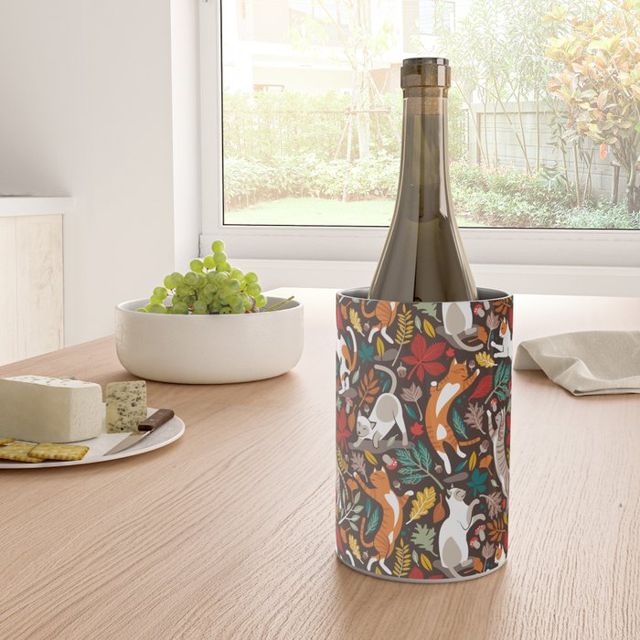 Autumn joy // brown oak background cats dancing with many leaves in fall colors Wine Chiller Gallery Image 4