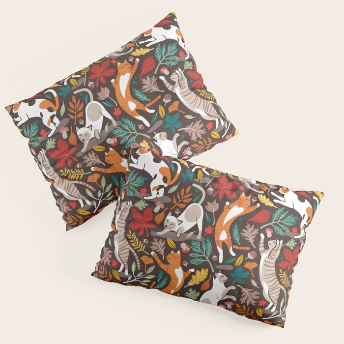 Autumn joy // brown oak background cats dancing with many leaves in fall colors Pillow Sham Gallery Image 3