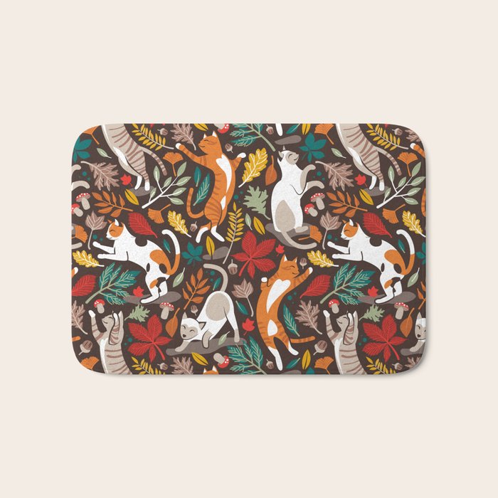 Autumn joy // brown oak background cats dancing with many leaves in fall colors Bath Mat Gallery Image 1
