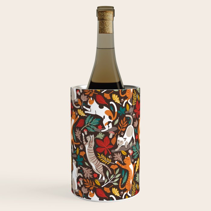 Autumn joy // brown oak background cats dancing with many leaves in fall colors Wine Chiller Gallery Image 3