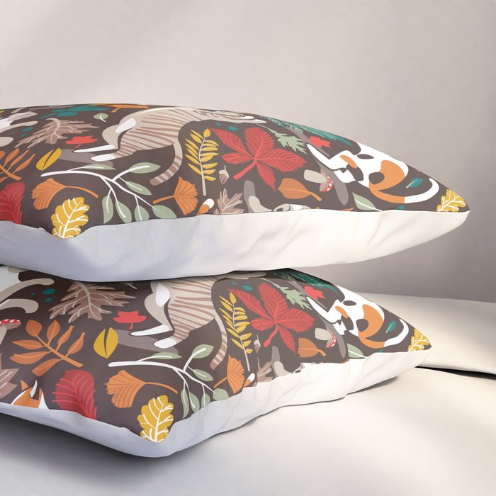 Autumn joy // brown oak background cats dancing with many leaves in fall colors Pillow Sham Gallery Image 3