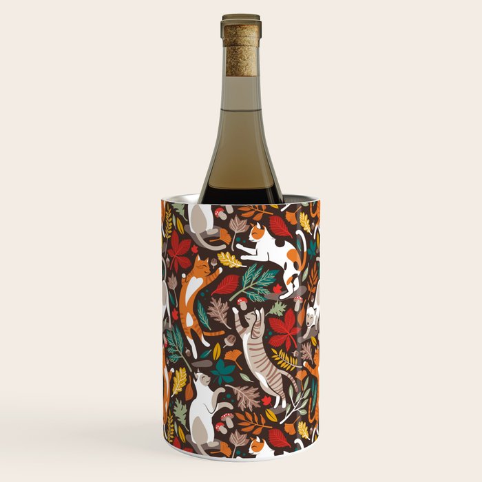 Autumn joy // brown oak background cats dancing with many leaves in fall colors Wine Chiller Gallery Image 2