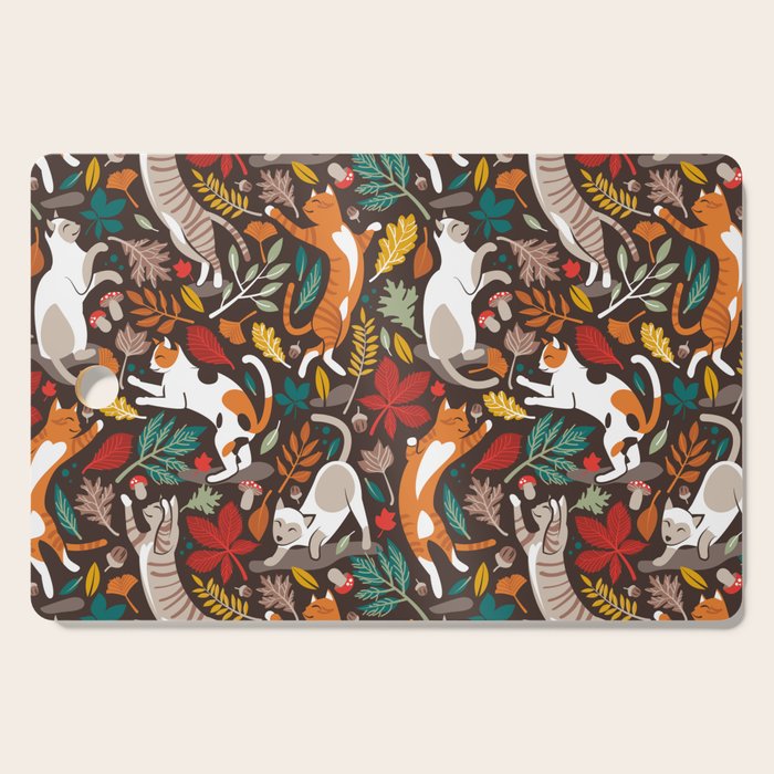 Autumn joy // brown oak background cats dancing with many leaves in fall colors Cutting Board Gallery Image 1