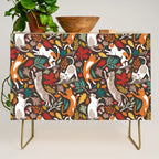 Autumn joy // brown oak background cats dancing with many leaves in fall colors Credenza Gallery Image 1