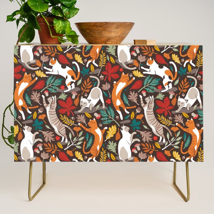 Autumn joy // brown oak background cats dancing with many leaves in fall colors Credenza Gallery Image 1