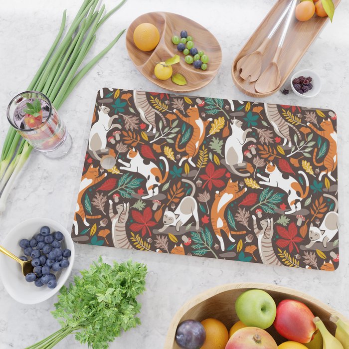 Autumn joy // brown oak background cats dancing with many leaves in fall colors Cutting Board Gallery Image 2