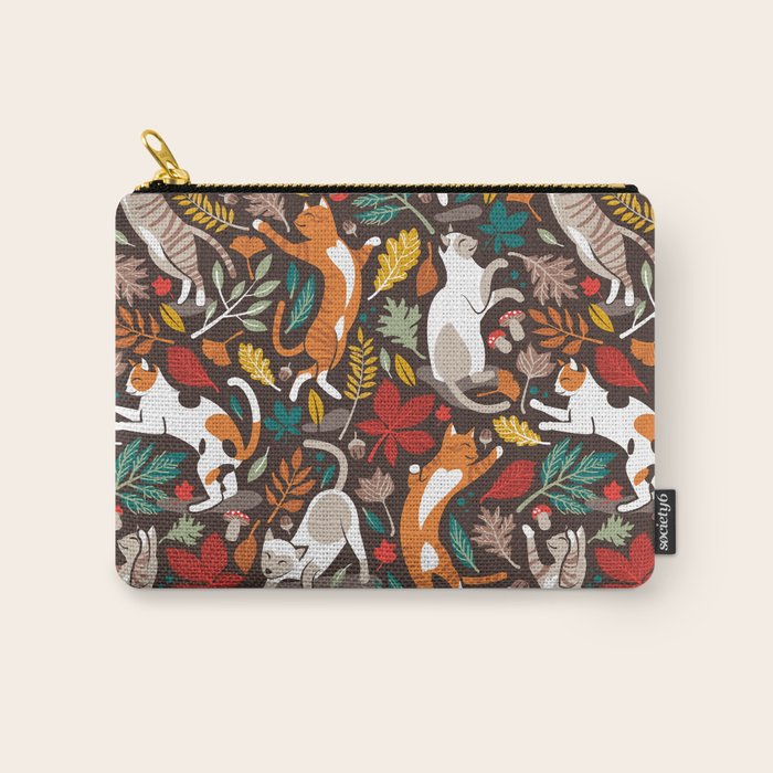 Autumn joy // brown oak background cats dancing with many leaves in fall colors Carry All Pouch Gallery Image 1