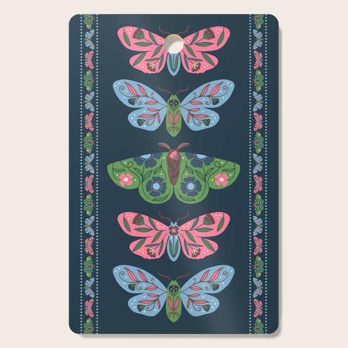 Folk Floral Moths and Butterflies Blue Cutting Board Gallery Image 1