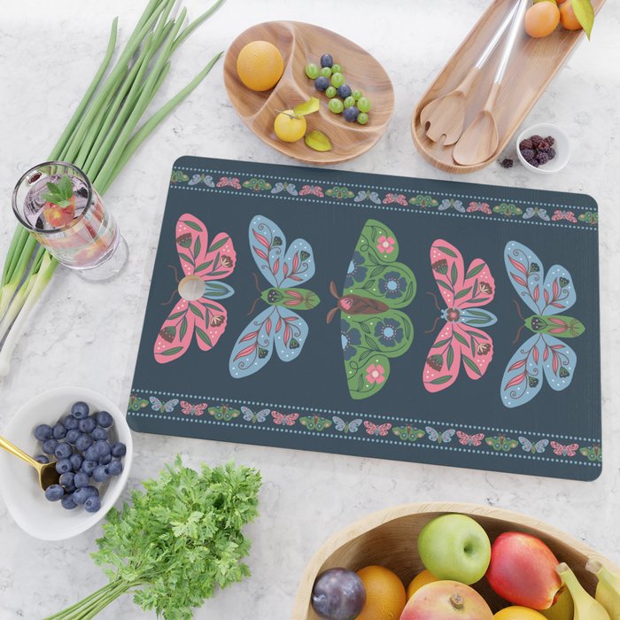 Folk Floral Moths and Butterflies Blue Cutting Board Gallery Image 2