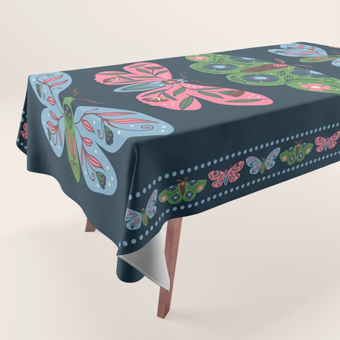 Folk Floral Moths and Butterflies Blue Tablecloth Gallery Image 1