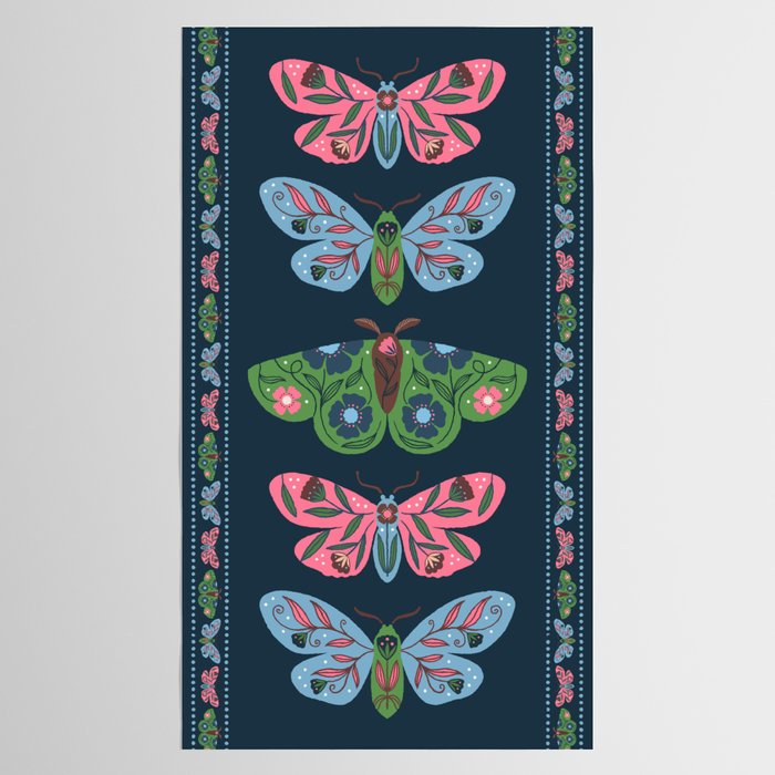 Folk Floral Moths and Butterflies Blue Tablecloth Gallery Image 2