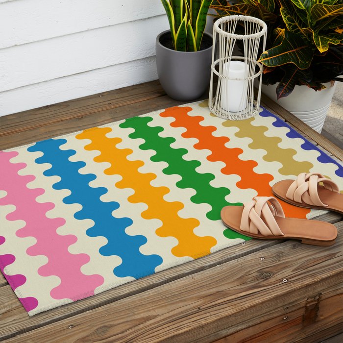 Colorful Ogee A-Go-Go Retro Pop Abstract Multicolor Wavy Stripe Pattern Outdoor Rug Gallery Image 2