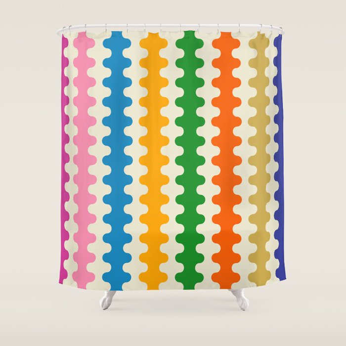 Colorful Ogee A-Go-Go Retro Pop Abstract Multicolor Wavy Stripe Pattern Shower Curtain Gallery Image 1