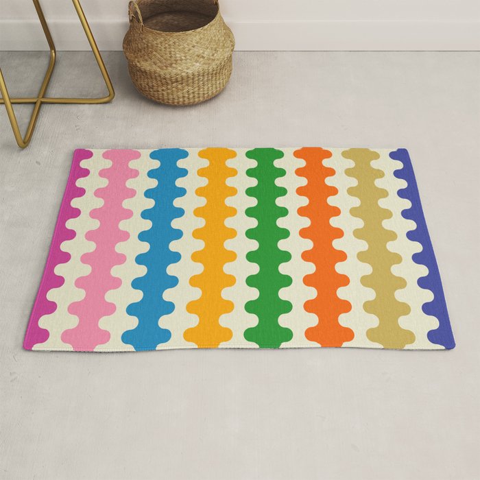 Colorful Ogee A-Go-Go Retro Pop Abstract Multicolor Wavy Stripe Pattern Rug Gallery Image 1