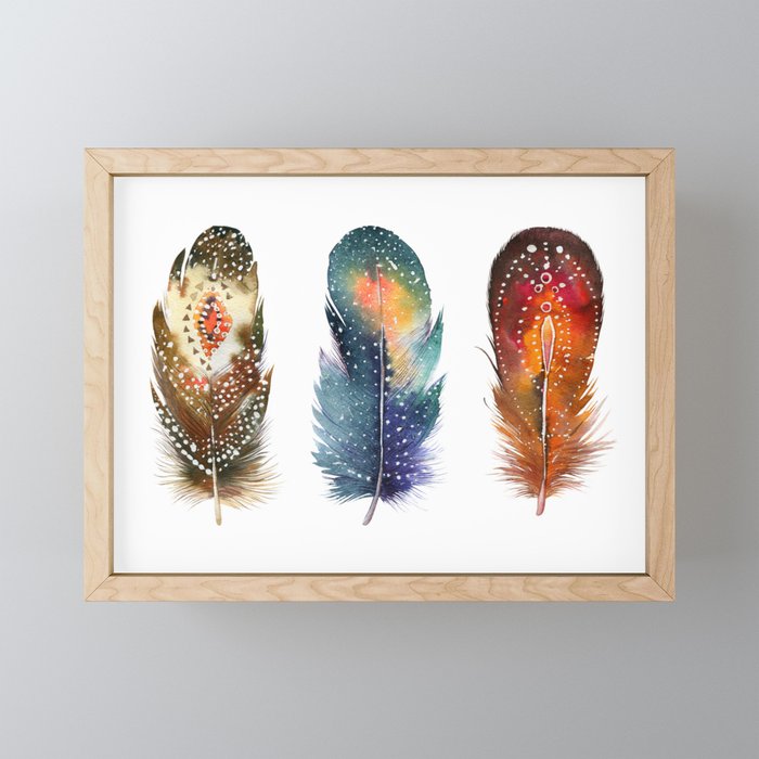 Colorful Magical Mystical Feathers Watercolor Painting Nature Tribal Patterns White Background Mini Art Print Gallery Image 1
