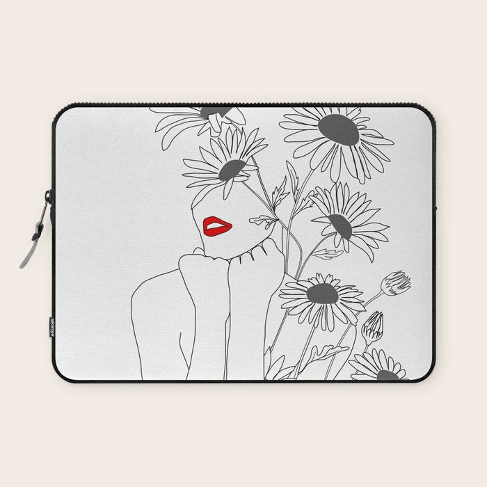Minimal Line Art Girl with Sunflowers Laptop Sleeve Gallery Image 1