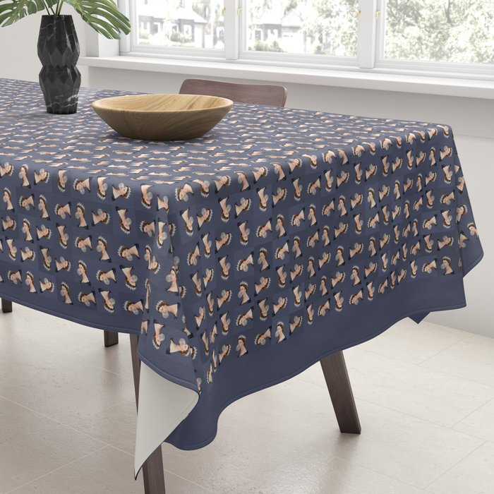 Queen Elizabeth in blue satin blowing a bubble gum Tablecloth Gallery Image 3