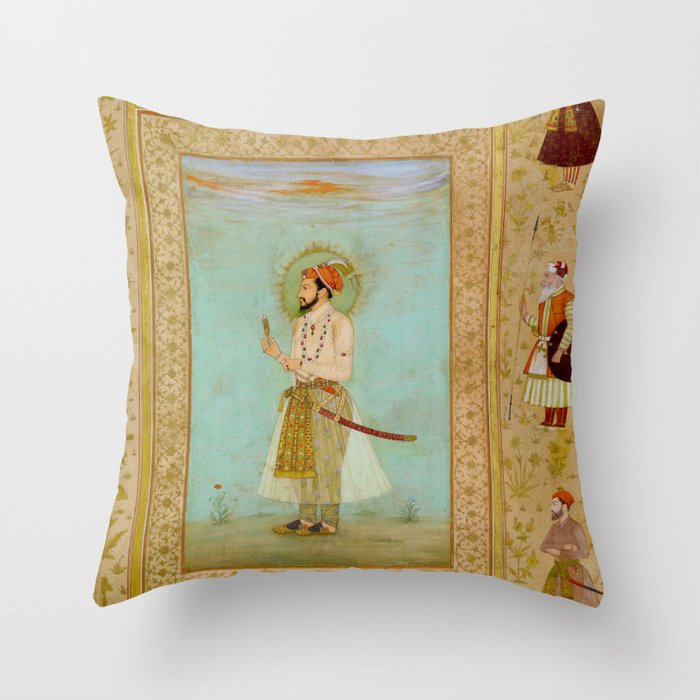 Emperor Shah Jahan Antique Indian Miniature Painted Illustration Throw Pillow Gallery Image 1