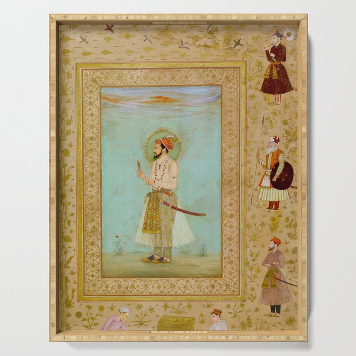 Emperor Shah Jahan Antique Indian Miniature Painted Illustration Serving Tray Gallery Image 1