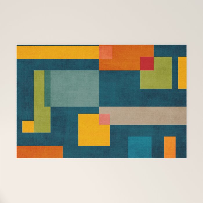 Colorful Geometric Shapes Navy Background Modern Artwork Welcome Mat Gallery Image 1