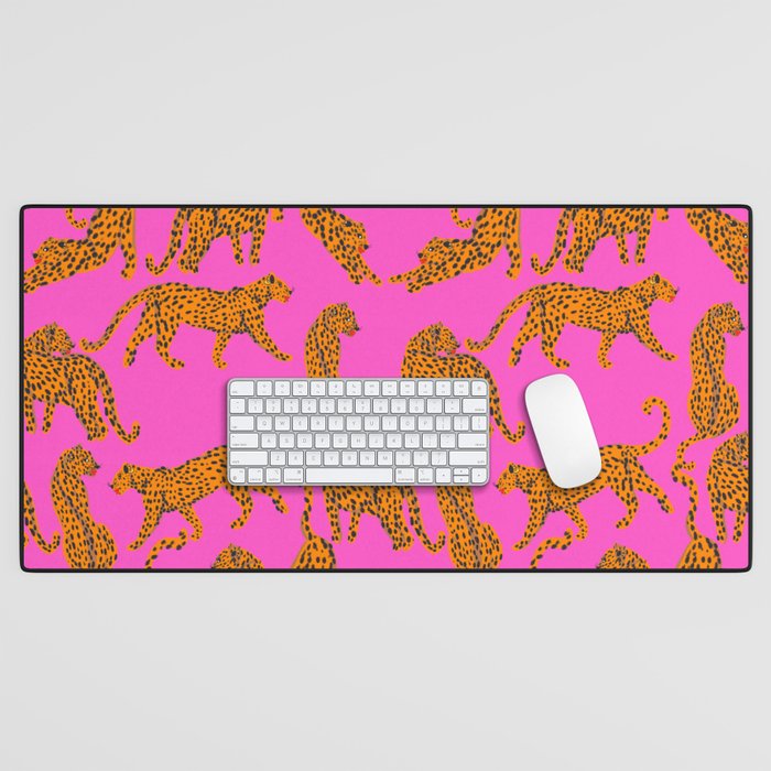 Abstract leopard with red lips illustration in fuchsia background  Desk Mat Gallery Image 1