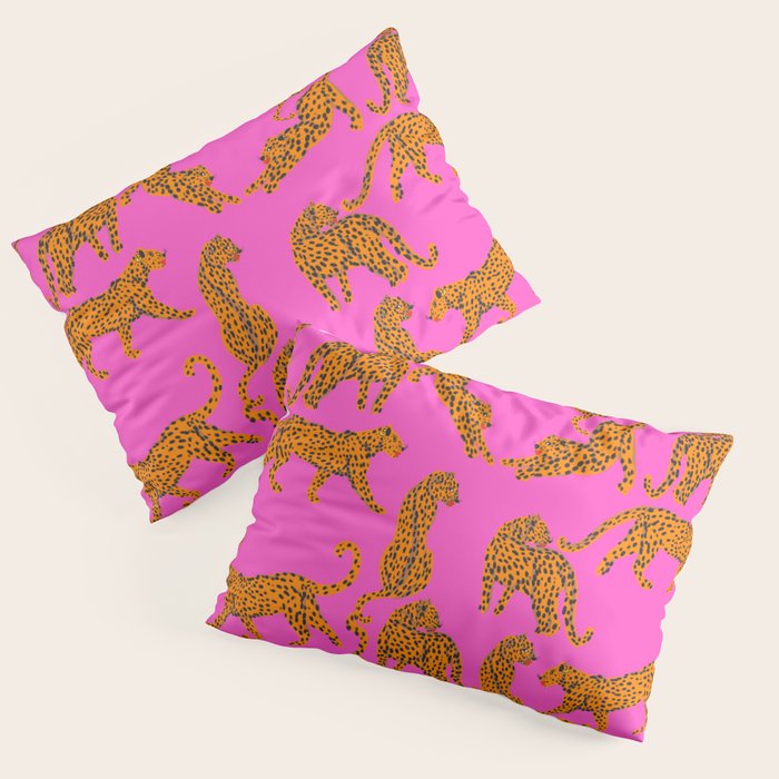 Abstract leopard with red lips illustration in fuchsia background  Pillow Sham Gallery Image 1