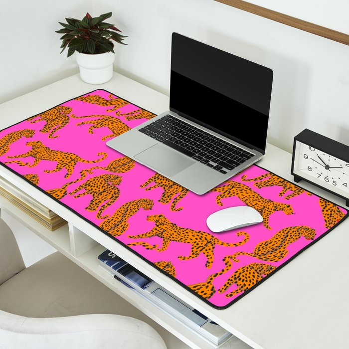 Abstract leopard with red lips illustration in fuchsia background  Desk Mat Gallery Image 2