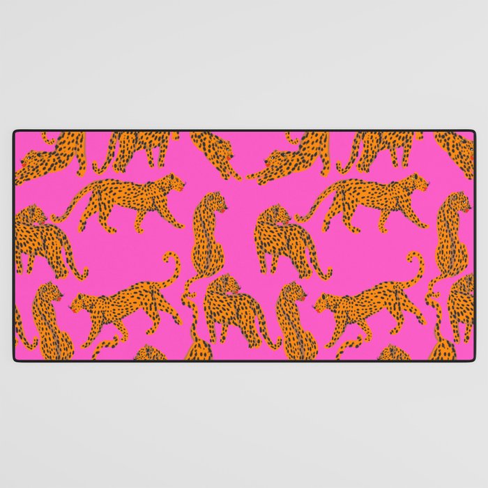 Abstract leopard with red lips illustration in fuchsia background  Desk Mat Gallery Image 3