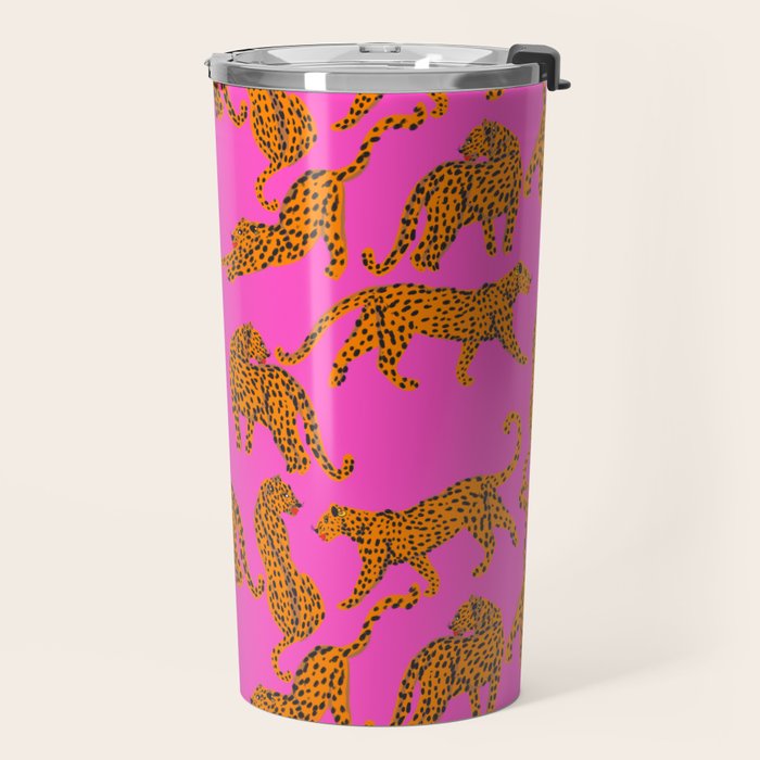 Abstract leopard with red lips illustration in fuchsia background  Travel Mug Gallery Image 2