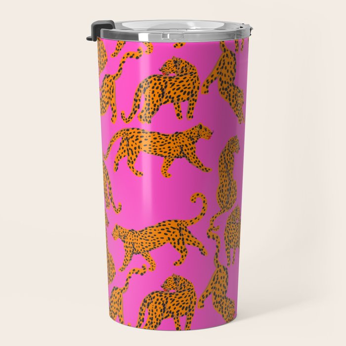 Abstract leopard with red lips illustration in fuchsia background  Travel Mug Gallery Image 3