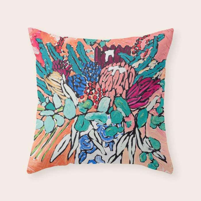 Orange Protea Bouquet Australian Wildflower Still Life Painting Throw Pillow Gallery Image 6