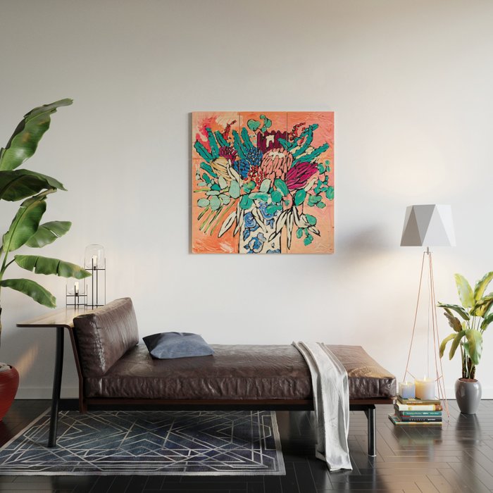 Orange Protea Bouquet Australian Wildflower Still Life Painting Wood Wall Art Gallery Image 2