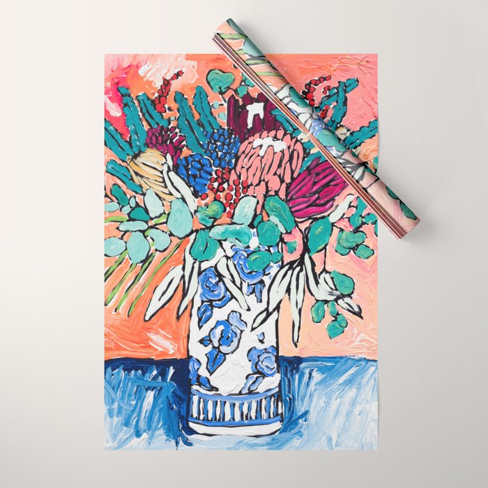 Orange Protea Bouquet Australian Wildflower Still Life Painting Wrapping Paper Gallery Image 1