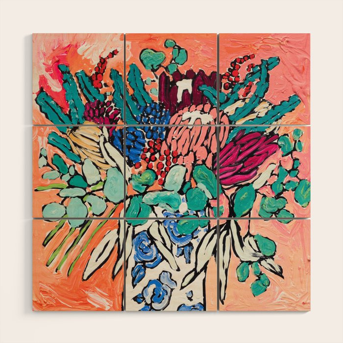 Orange Protea Bouquet Australian Wildflower Still Life Painting Wood Wall Art Gallery Image 1