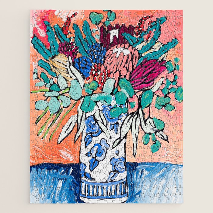 Orange Protea Bouquet Australian Wildflower Still Life Painting Jigsaw Puzzle Gallery Image 1