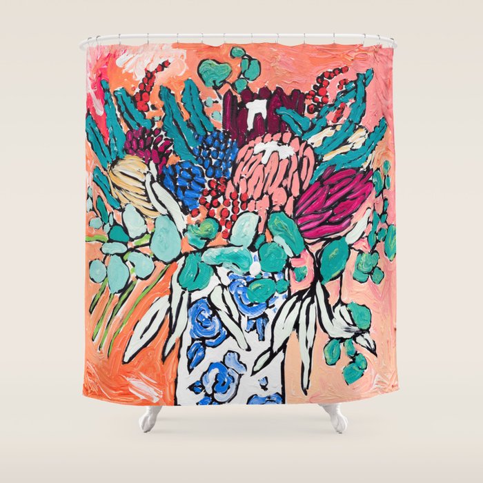Orange Protea Bouquet Australian Wildflower Still Life Painting Shower Curtain Gallery Image 1