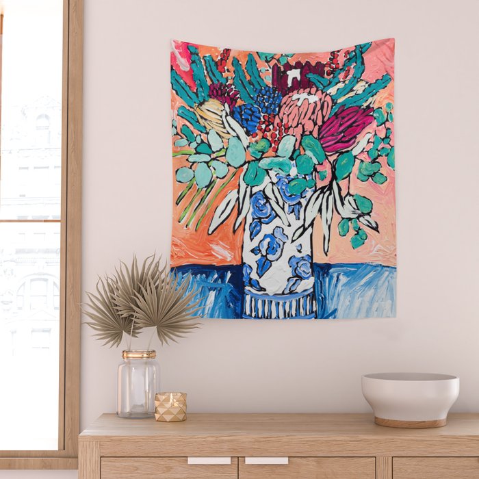 Orange Protea Bouquet Australian Wildflower Still Life Painting Wall Tapestry Gallery Image 2