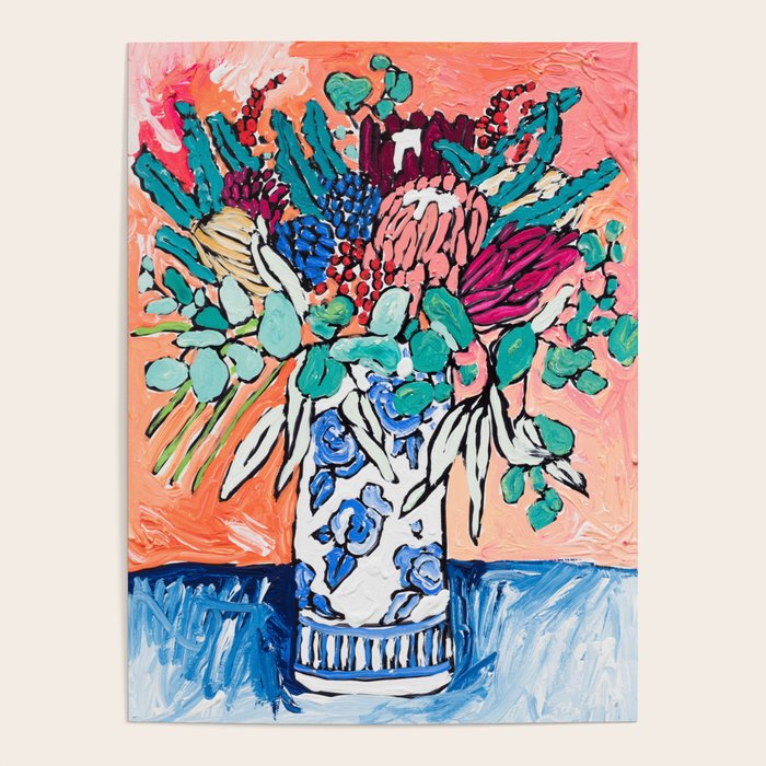 Orange Protea Bouquet Australian Wildflower Still Life Painting Poster Gallery Image 1