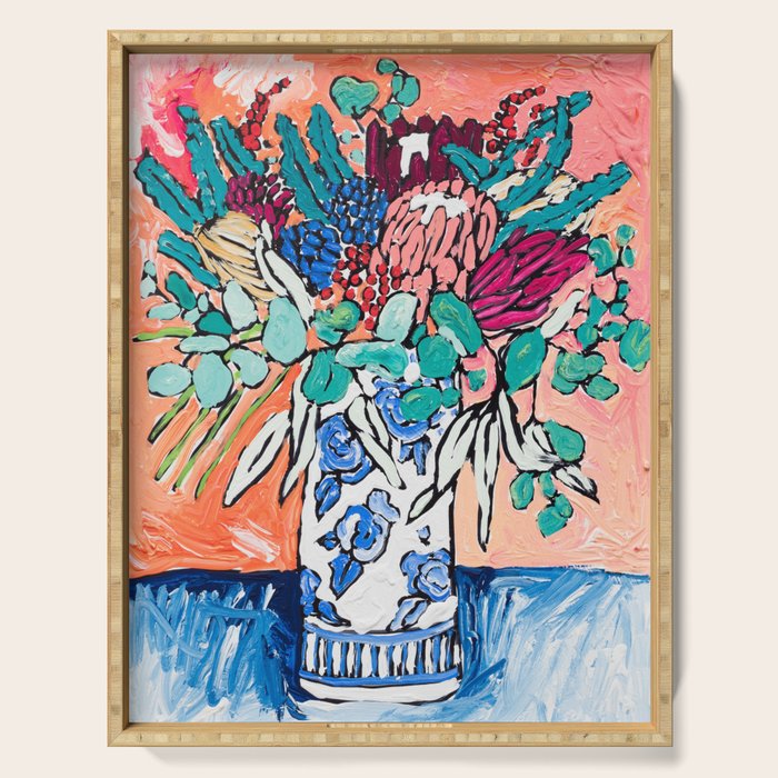Orange Protea Bouquet Australian Wildflower Still Life Painting Serving Tray Gallery Image 1