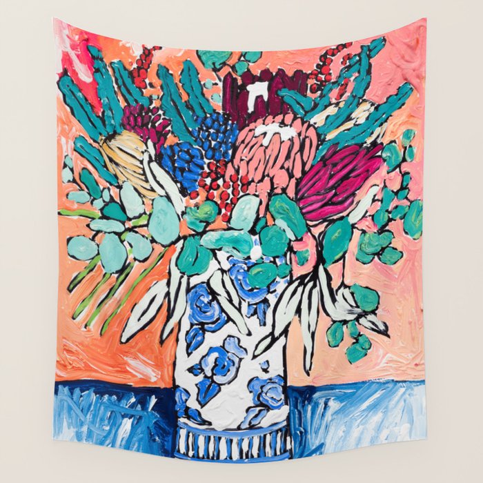 Orange Protea Bouquet Australian Wildflower Still Life Painting Wall Tapestry Gallery Image 4