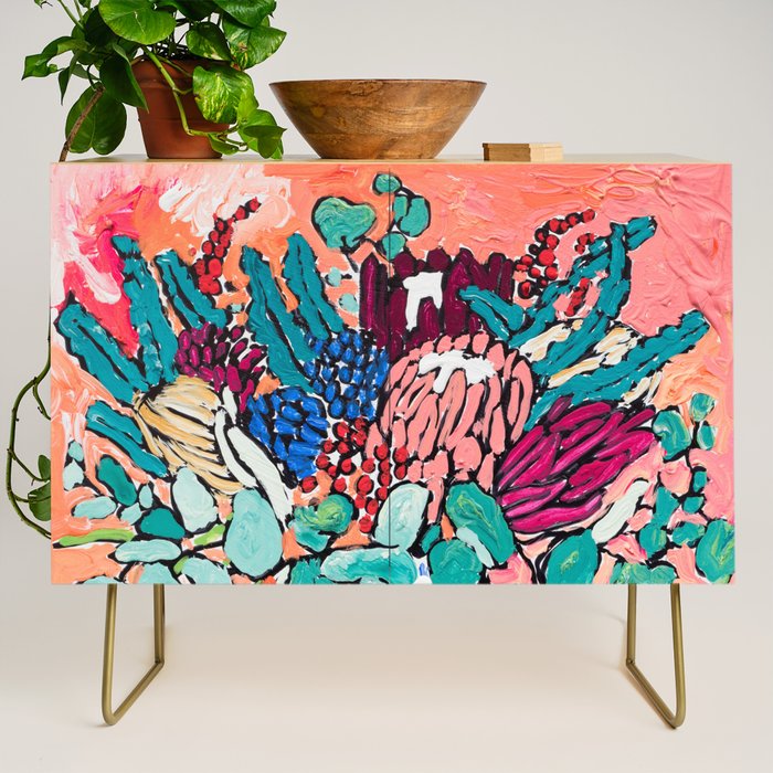 Orange Protea Bouquet Australian Wildflower Still Life Painting Credenza Gallery Image 1