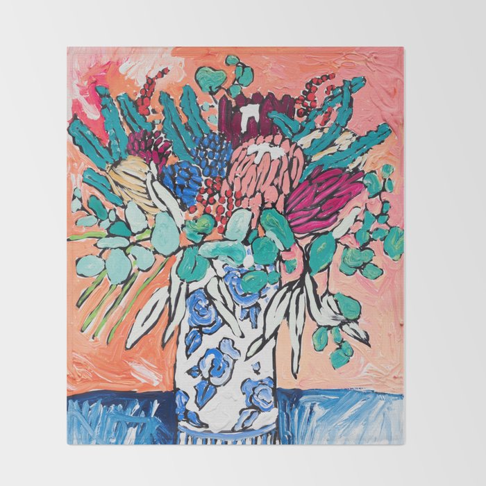 Orange Protea Bouquet Australian Wildflower Still Life Painting Throw Blanket Gallery Image 2