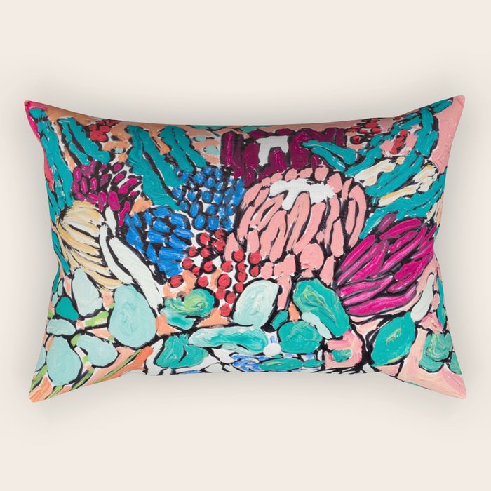 Orange Protea Bouquet Australian Wildflower Still Life Painting Rectangular Pillow Gallery Image 1