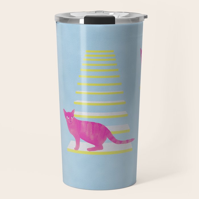 Cat on the Stairs - Pink Travel Mug Gallery Image 1