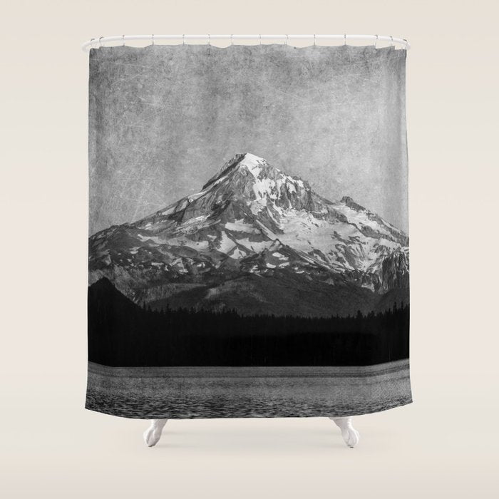 Mt Hood Black and White Vintage Nature Photography Shower Curtain Gallery Image 1
