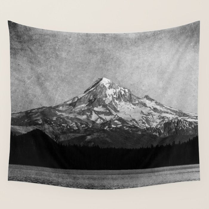 Mt Hood Black and White Vintage Nature Photography Wall Tapestry Gallery Image 1